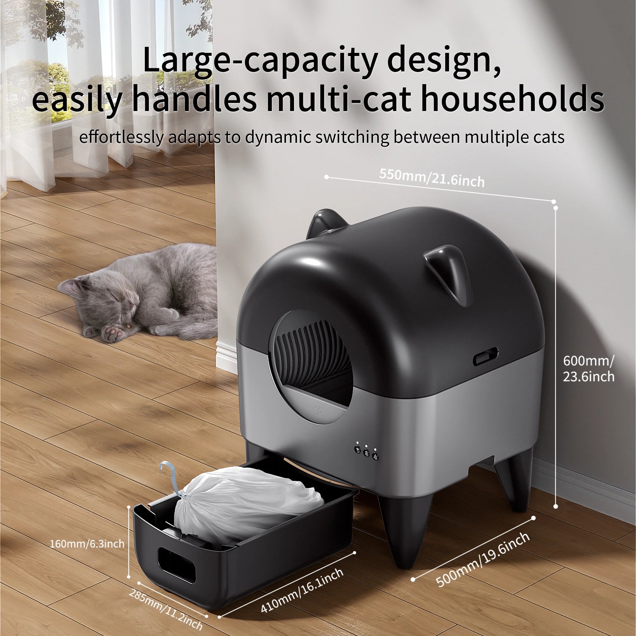 OMCPET Self Cleaning Cat Litter Box, Automatic Smart Litter Box for Multiple Cats with 10 Safety Sensor Radars, 110L Electric Cat Box with App-Control, Odor Control, Quiet Operation, Black